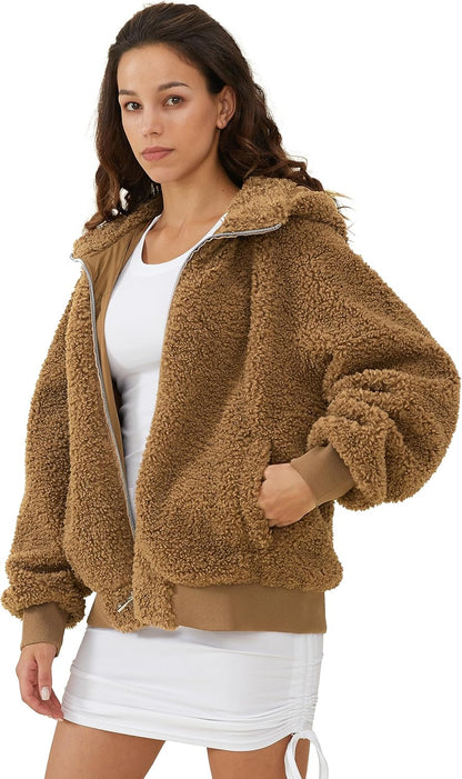 Aurlane Women's Sherpa Fleece Jacket Oversized Full-Zip Hoodie Outwear Coat