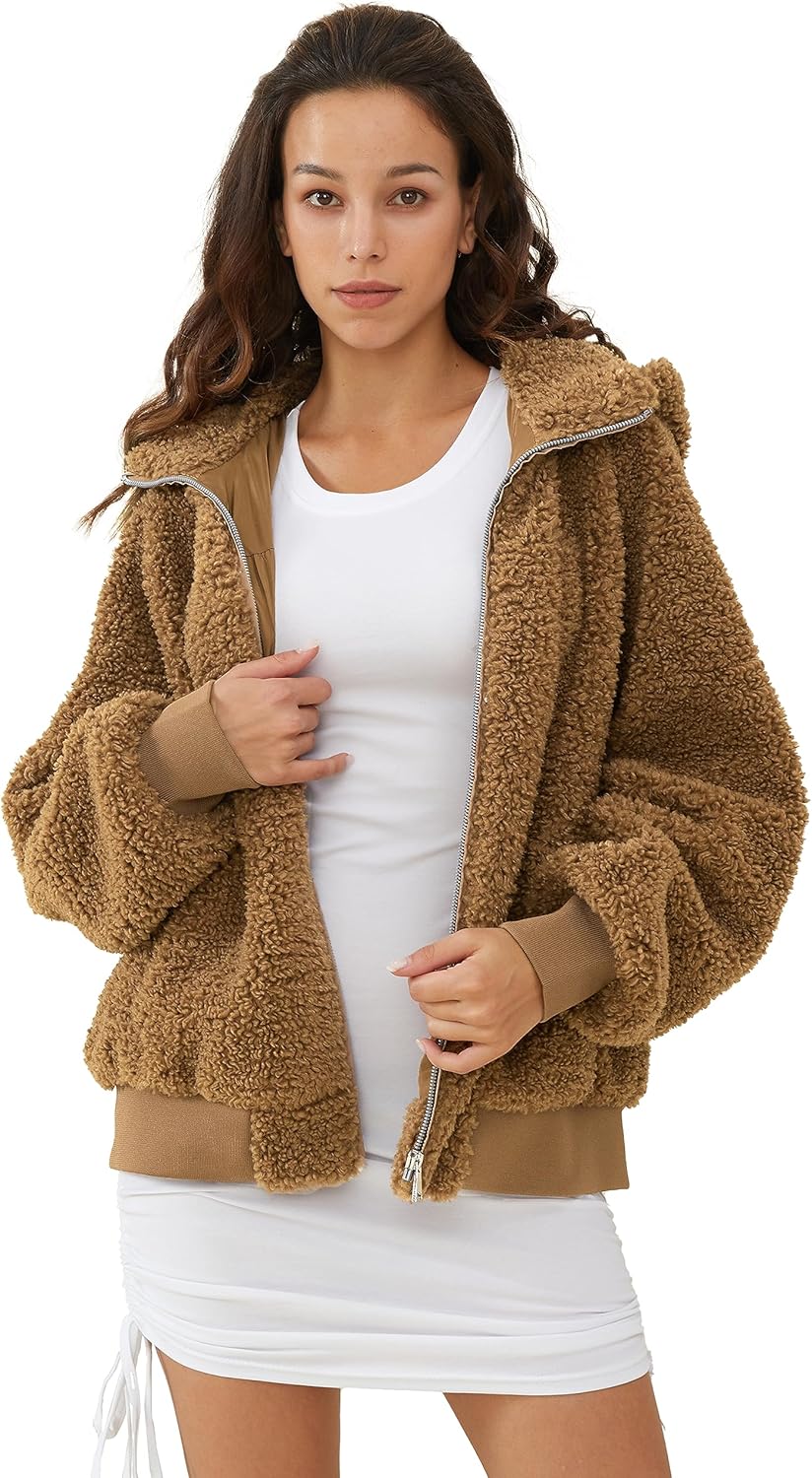 Aurlane Women's Sherpa Fleece Jacket Oversized Full-Zip Hoodie Outwear Coat