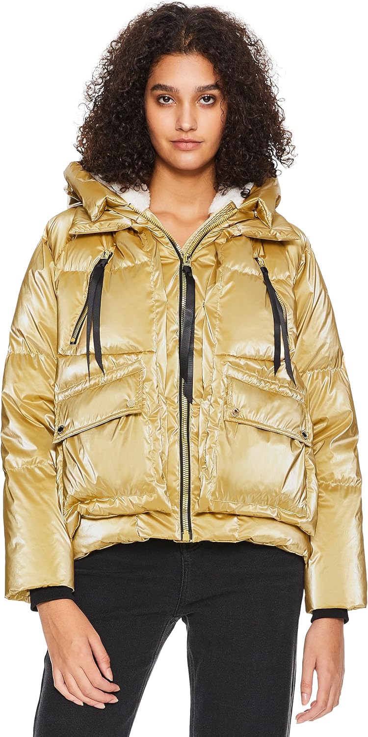 Aurlane Women's Metallic Down Jacket Short Cropped Puffer Jacket Full-zip Water-resistant Outerwear with Fleece-lined Hood