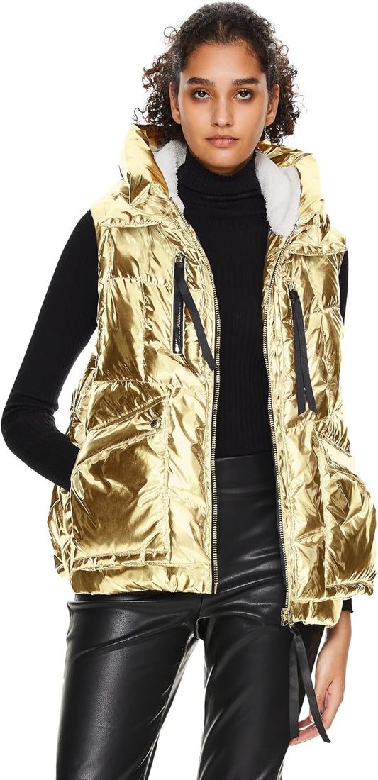 Aurlane Women's Metallic Down Vest - Fashion Cropped Sleeveless Puffer Jacket Lightweight Shiny Hooded Gilet with Pockets