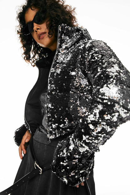 Aurlane Women's Ultra Short Shiny Down Coat Sequin Petite Jacket with Stand Collar