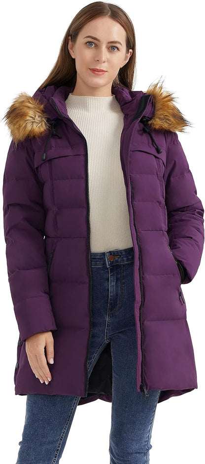 Aurlane Women's Winter Down Jacket with Faux Fur Trim Hood