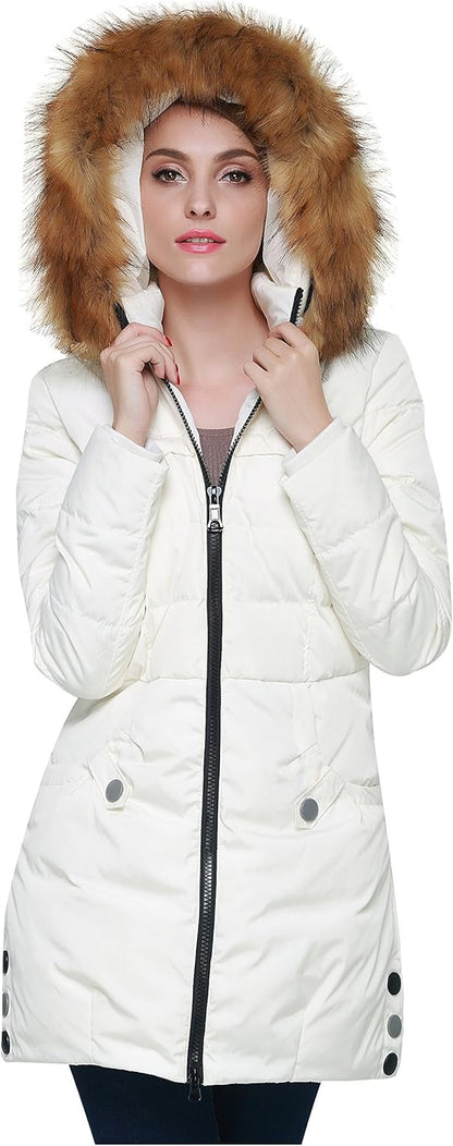 Aurlane Women's Winter Down Jacket with Faux Fur Trim Hood