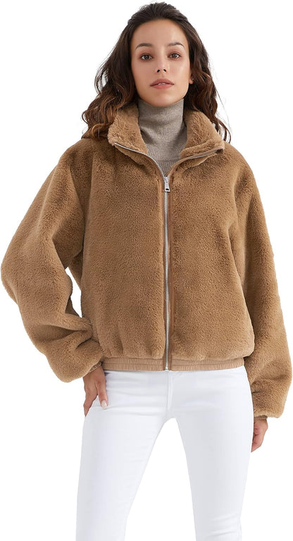 Aurlane Women's Faux Fur Winter Jacket Zip Up Sherpa Coat Fuzzy Fleece Cropped Jacket