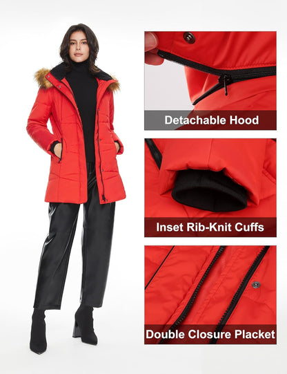 Aurlane Women’s Insulated Jacket with Removable Hood Faux Fur Zip up Winter Coat Mid-length