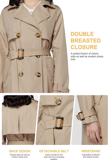 Aurlane Women's 3/4 Length Double Breasted Trench Coat Lapel Jacket with Belt