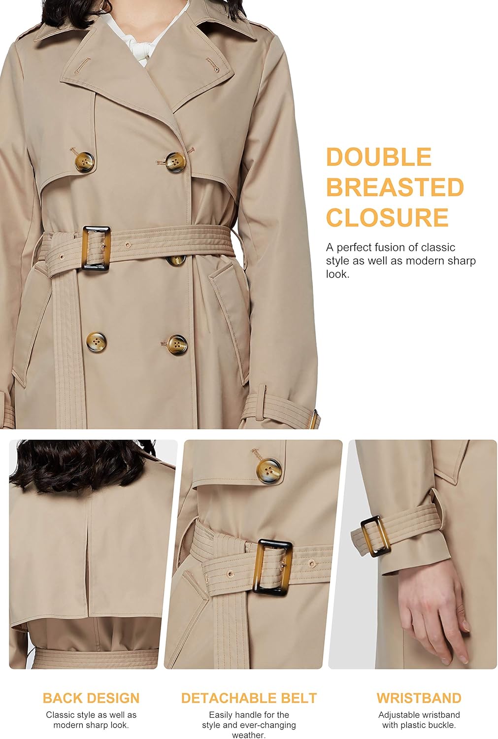 Aurlane Women's 3/4 Length Double Breasted Trench Coat Lapel Jacket with Belt