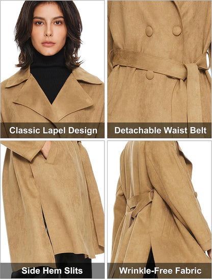 Aurlane Short Trench Coats for Women Faux Suede Leather Trench Coat Double Breasted Belted Mid Long Outwear