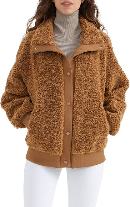 Aurlane Women's Sherpa Fleece Jacket Oversized Winter Coat Long Sleeve Button Outwear