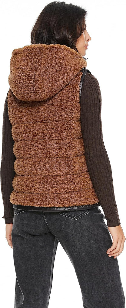 Aurlane Women's Casual Fleece Down Vest Warm Outwear Shearling Shaggy Short Vest with Hood