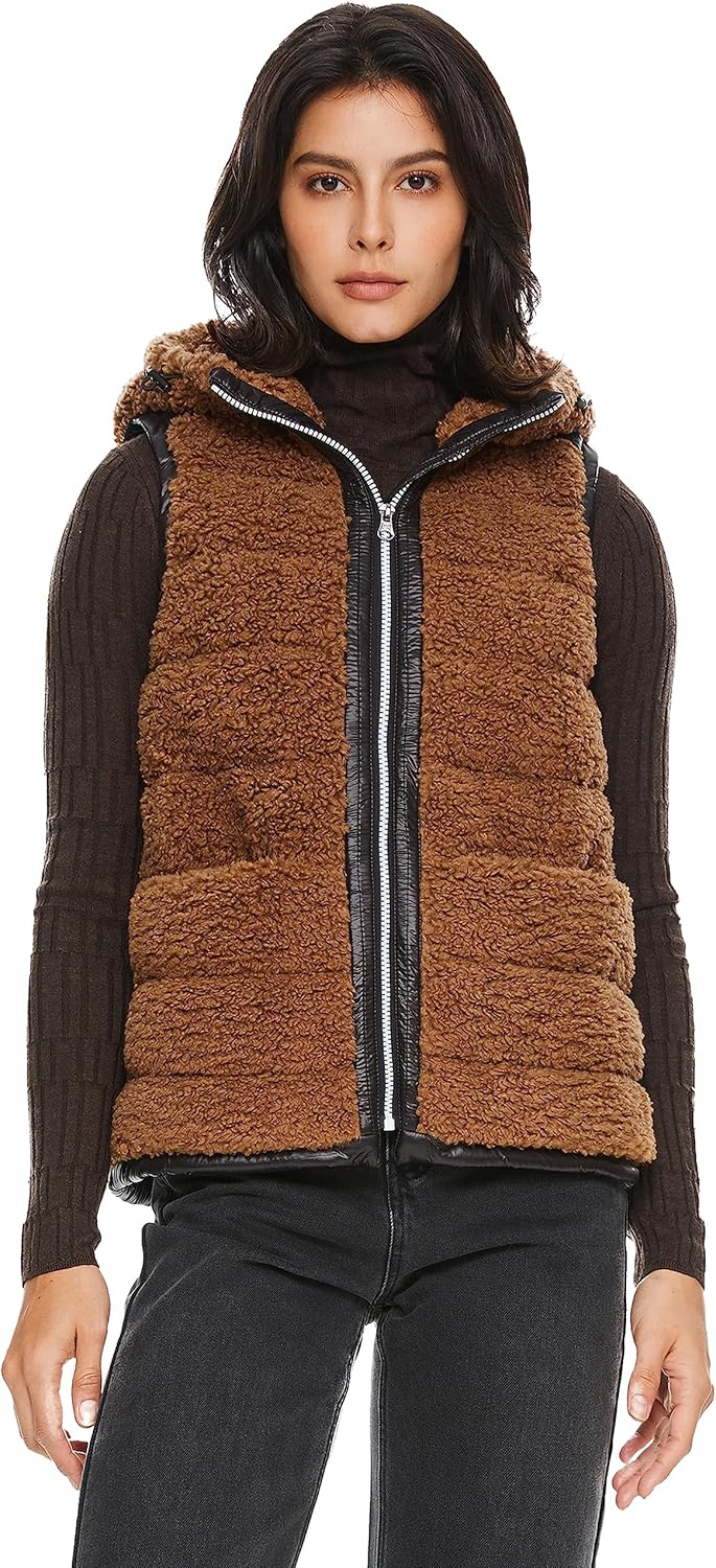 Aurlane Women's Casual Fleece Down Vest Warm Outwear Shearling Shaggy Short Vest with Hood