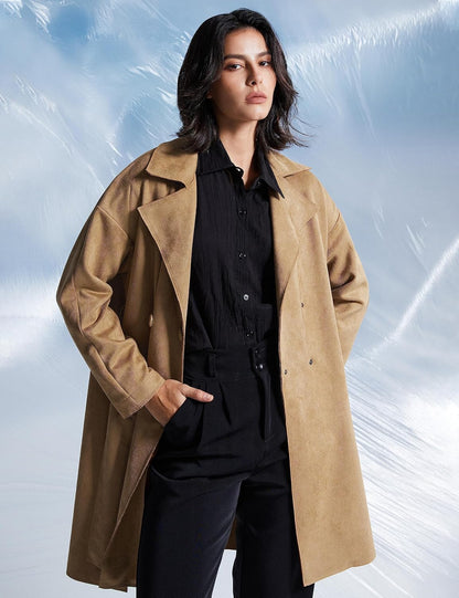 Aurlane Short Trench Coats for Women Faux Suede Leather Trench Coat Double Breasted Belted Mid Long Outwear