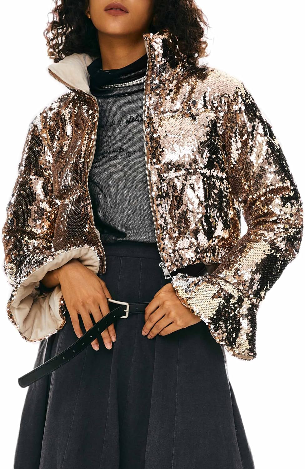 Aurlane Women's Ultra Short Shiny Down Coat Sequin Petite Jacket with Stand Collar